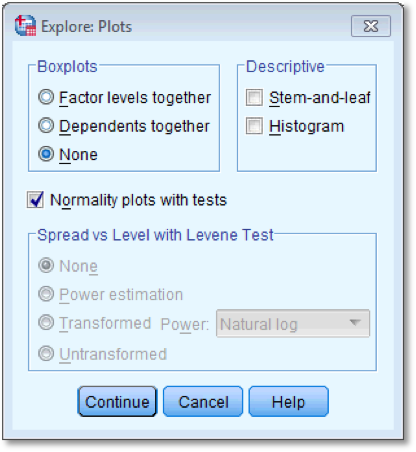 Dialog box for plots for the explore command